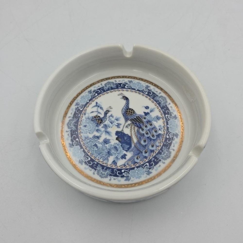 Vintage Japanese Yamasen Lithophane Geisha Blue 24K Gold‎ Peacock Floral Ashtray